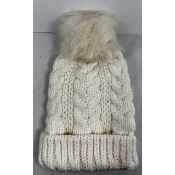 Time and Tru Cable Knit Beanie Winter Hat Faux Fur Pom Cream One Size New - Picture 2 of 6